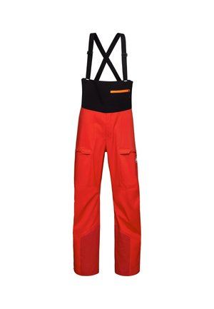 Salopettes imperméables rouges avec bretelles noires ajustables, poche avant zippée et panneaux de jambe renforcés pour plus de durabilité.