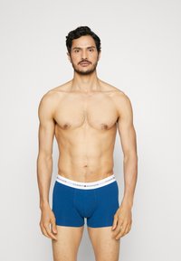 Blaue Baumwollunterhosen mit einem weißen Bund, der das Logo "TOMMY HILFIGER" trägt. Glatte Textur und eng anliegende Form. Das Modell posiert neutral vor einem schlichten Hintergrund.