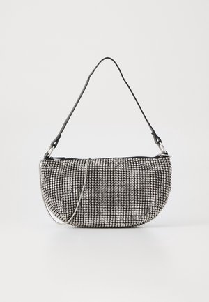 Black crescent-shaped handbag covered with silver rhinestones, featuring a short handle and a thin detachable shoulder strap.