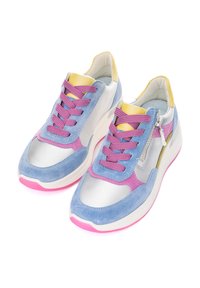Colorful sneakers with a silver, blue, and pink design. Made of leather and suede. Features purple laces and a zip accent on the side.