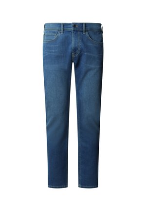 Modré džínsové nohavice rovného strihu s piatimi vreckami a zapínaním na gombík a zips, zobrazené spredu na bielom pozadí.
