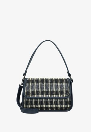 Sac à bandoulière à carreaux noir et blanc avec une bandoulière en cuir marine et des accents, présentant un design structuré et un système de fermeture à rabat.