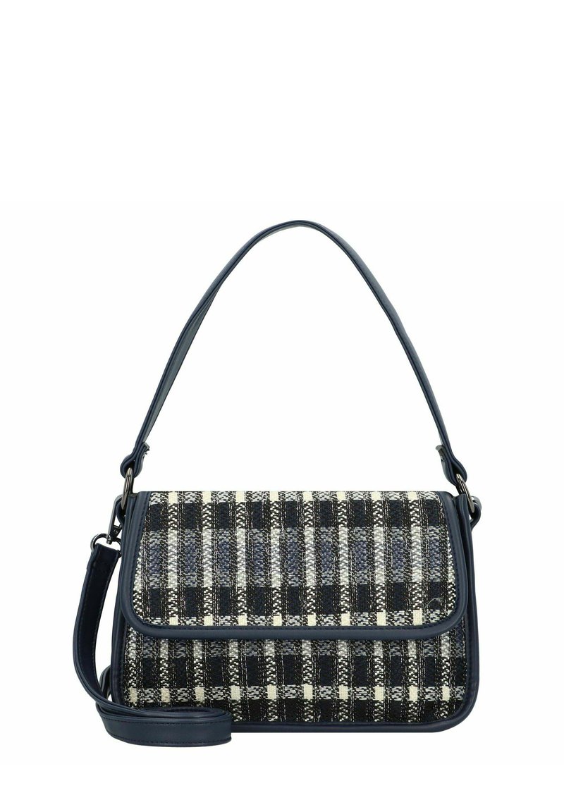 Sac à bandoulière à carreaux noir et blanc avec une bandoulière en cuir marine et des accents, présentant un design structuré et un système de fermeture à rabat.