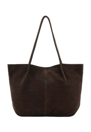 Borsa tote in camoscio marrone scuro con sottili spalline e un design semplice, senza decorazioni, su sfondo bianco.