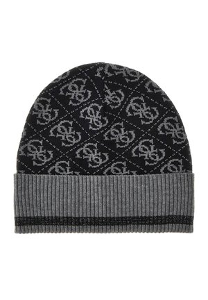 Bonnet tricoté noir et gris avec un motif en losanges répétés et un logo, doté d'un large revers côtelé gris avec une fine bande noire.