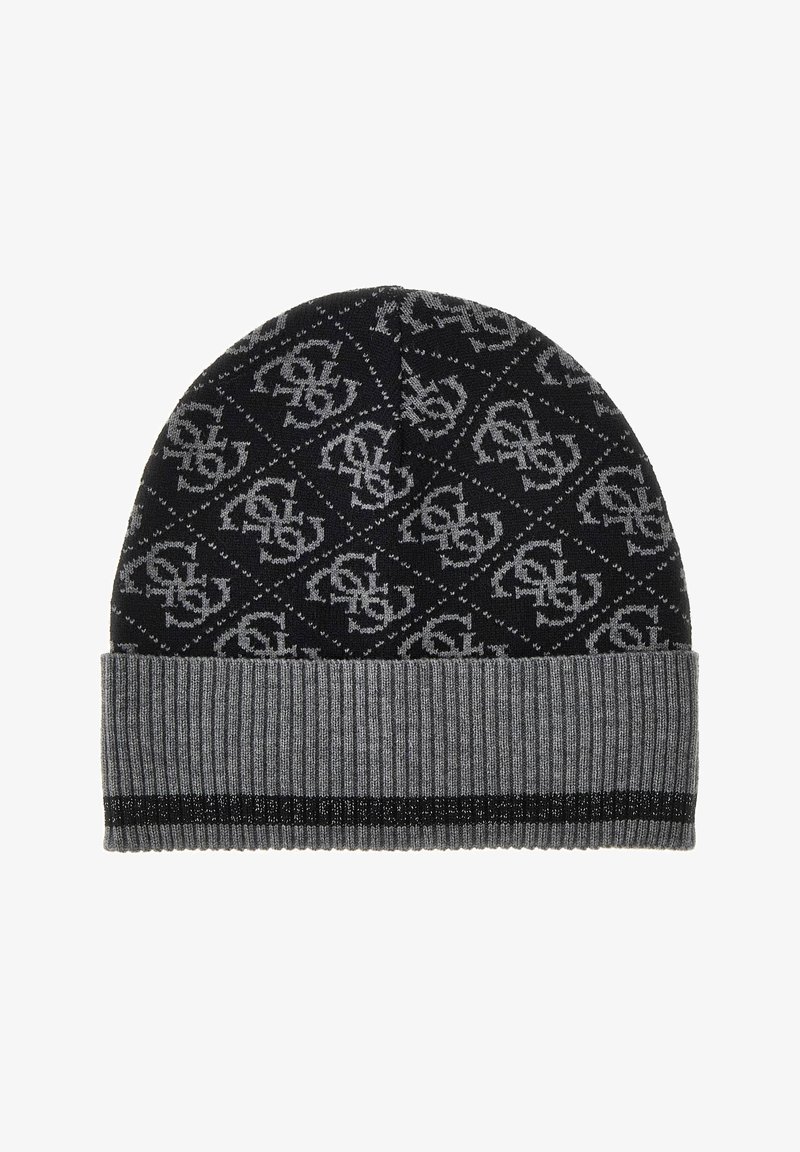 Bonnet tricoté noir et gris avec un motif en losanges répétés et un logo, doté d'un large revers côtelé gris avec une fine bande noire.