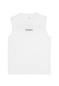 Witte mouwloze sportshirt met het woord "UNSTOPPABLE" in vetgedrukte zwarte tekst over de borst, gemaakt van een gladde, ademende stof.