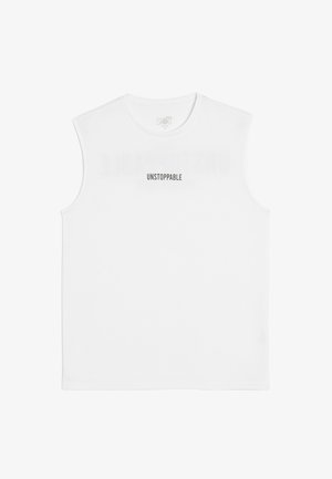 White sleeveless athletic shirt featuring the word "UNSTOPPABLE" in bold black text across the chest, made from a smooth, breathable fabric.