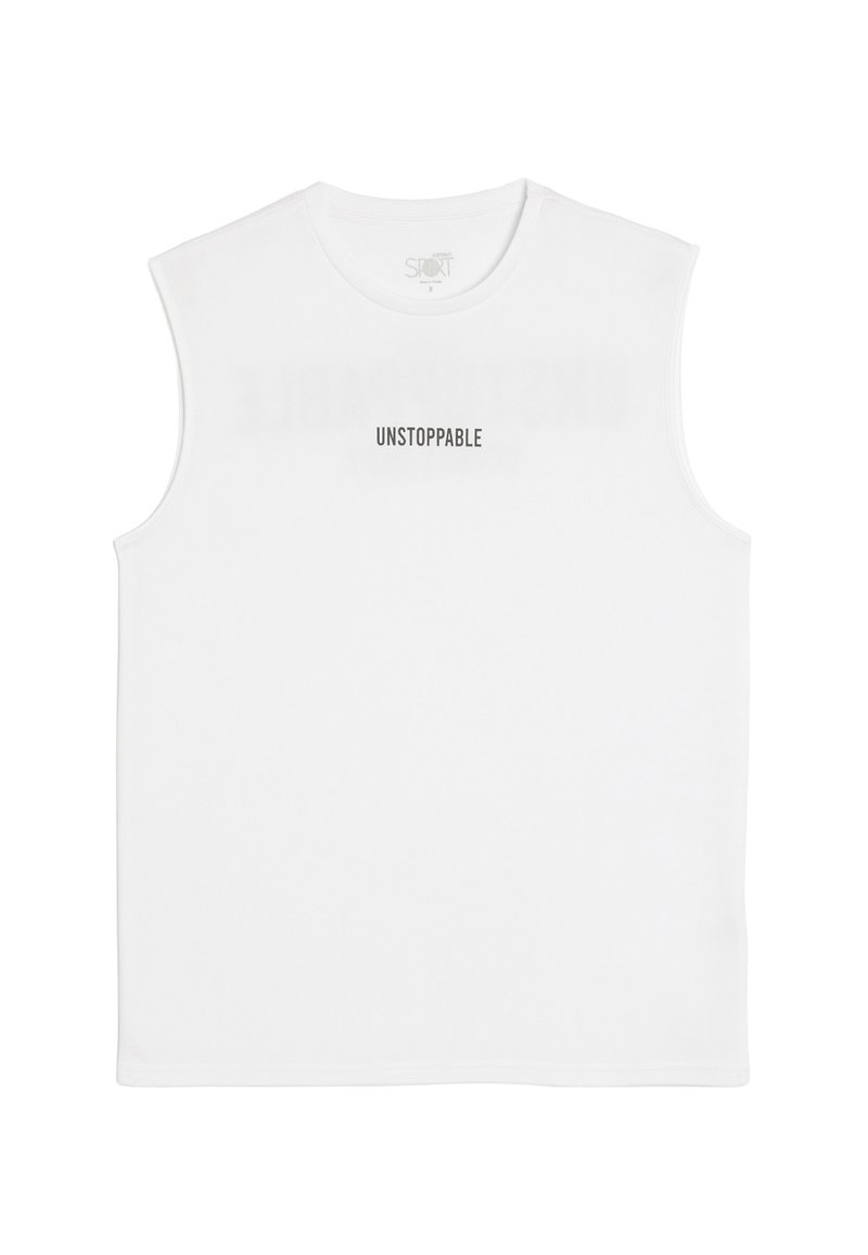 Witte mouwloze sportshirt met het woord "UNSTOPPABLE" in vetgedrukte zwarte tekst over de borst, gemaakt van een gladde, ademende stof.