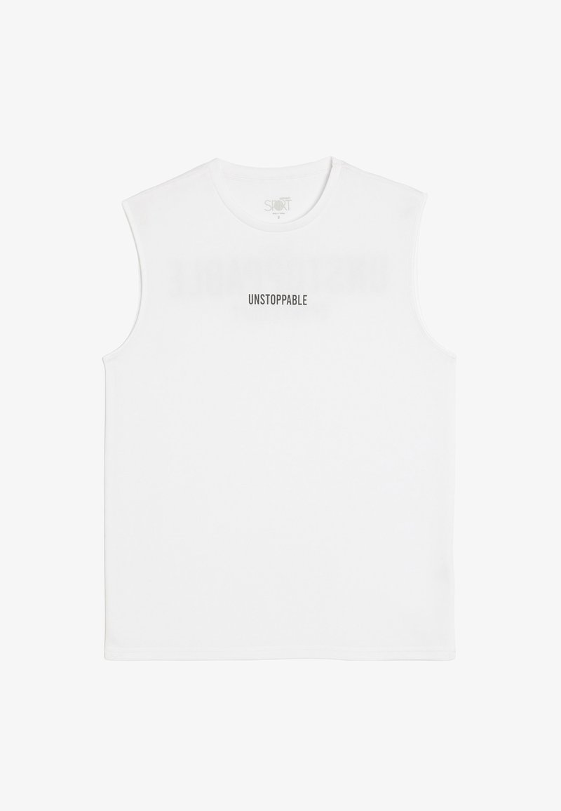 Witte mouwloze sportshirt met het woord "UNSTOPPABLE" in vetgedrukte zwarte tekst over de borst, gemaakt van een gladde, ademende stof.
