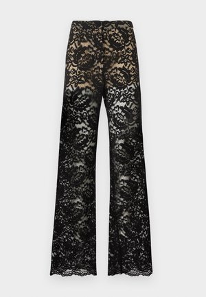 Pantalon large en dentelle florale noire avec doublure nue en haut et dentelle transparente à partir du milieu de la cuisse.