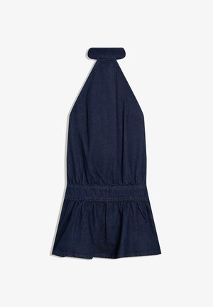 Marineblaues ärmelloses Neckholder-Kleid mit geraffter Taille und ausgestelltem Rock, ausgestattet mit einem Verschluss am hohen Nacken.