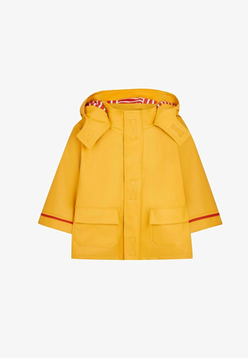 Rumena vodoodporna jakna z kapuco, sprednjimi žepi in rdečim prugastim podlogom. Jakna ima ravno krojenje in kontrastne poudarke.