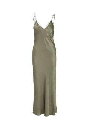 Olive green satin slip dress with thin straps, a deep V-neck, and a smooth texture. Features a flared hemline for an elegant silhouette.