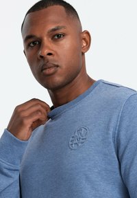 Modrá mikina vyrobená z měkké tkaniny s kulatým výstřihem a texturovaným logem na hrudi. Hladký povrch s žebrovanými manžetami.