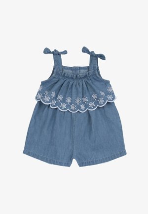 Mono de mezclilla con un cuerpo fruncido que presenta bordado floral blanco. Tirantes ajustables, cintura elástica y diseño de pierna ancha.