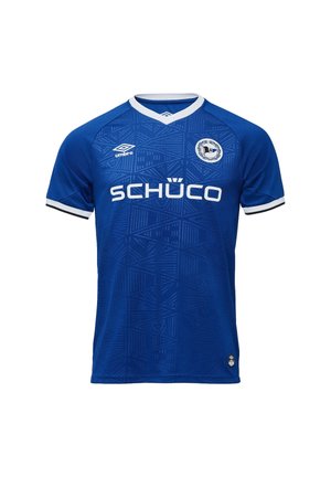 Blaues Fußballtrikot mit kurzen Ärmeln, weißem Kragen und Ärmelsaum, Umbro-Logo, Schüco-Sponsor und Mannschaftswappen auf der Brust.