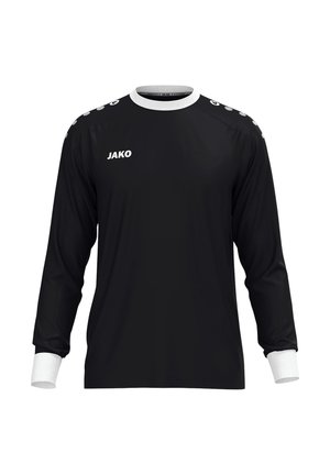 Sort langærmet sportsjersey med hvide manchetter, hvid krave, hvidt mærkelogo på brystet og hvide knap-lignende detaljer langs skuldrene.