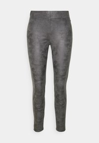 Faux läderleggings i mörkgrått med en slät yta, smal passform och subtil glansfinish. Har hög midja och inga synliga sömmar.
