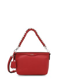 Red leather handbag with a braided chain handle and detachable shoulder strap. Features a smooth texture and embossed logo.