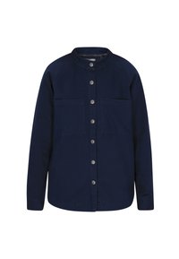Chemise bleu marine à boutons, avec un col rond, des manches longues, deux poches avant et des boutons en métal argenté. Fabriquée en tissu lisse de couleur unie.