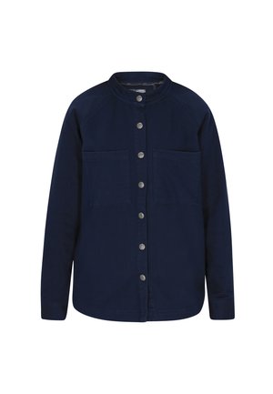 Marineblauwe blouse met ronde kraag, lange mouwen, twee voorzakken en zilverkleurige knopen. Gemaakt van een gladde stof in een effen kleur.