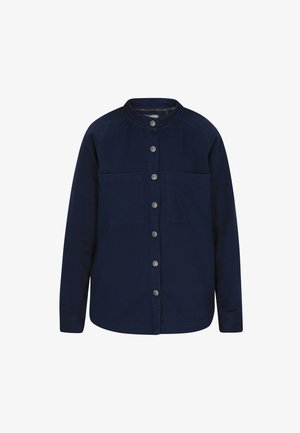 Granatowa koszula z długim rękawem i okrągłym kołnierzykiem, z dwoma przednimi kieszeniami i guzikami w odcieniu srebra. Wykonana z gładkiego materiału w jednolitym kolorze.