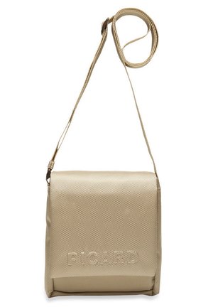 Beige tekstureret crossbody taske med justerbar strop og klaplukning, præget med mærkenavnet "Picard" foran.