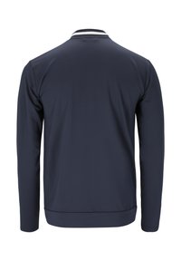 Mørkeblå langærmet polojakke med hvidstribet krave, glat tekstur og en tætsiddende design, med ribbekant ved kanten og ærmerne.
