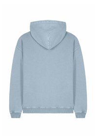Felpa con cappuccio di colore azzurro chiaro, dal taglio morbido, con polsini e orlo a coste. La parte posteriore è liscia, senza grafiche né dettagli.