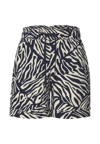 Randiga shorts i zebra-mönster i marinblå och krämfärgad tyg, med elastisk midja, snörning och uppvikt fåll.