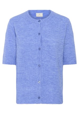 Krátky rukáv kardigán v svetlomodrom úplete, s okrúhlym výstrihom, predným zapínaním na gombíky a rebrovanými okrajmi. Hladká textúra, jednoduchý dizajn.
