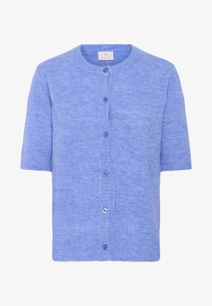 Cardigan cu mânecă scurtă, de tricot, în bleu deschis, cu guler rotund, închidere cu nasturi în față și margini ribbate. Textură netedă, design simplu.