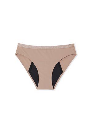 Culottes de bikini beiges avec des panneaux latéraux noirs, texture lisse, taille élastique avec une subtile brillance, et coupe classique.