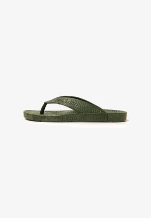 Green rubber flip-flop with textured footbed, narrow straps, and a flat sole. Features the brand name embossed on the side.