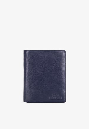 Dark blue leather bifold wallet with visible grain texture and embossed brand logo on lower right corner.