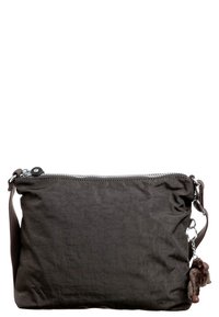 Borsa a tracolla in tessuto grigio scuro con chiusura a zip, superficie texturizzata e un portachiavi in pelliccia staccabile. Include una tracolla regolabile.