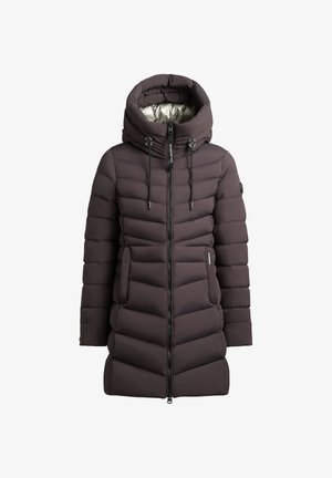 Dolga temno rjava zimska bunda s kapuco, sprednjim zadrgo, z vrvicami in stranskimi žepi, zasnovana za hladno vreme.