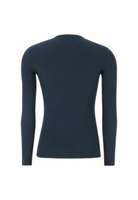Lange mouwen, ribbelshirt in donkerblauw. Heeft een ronde halslijn en een aansluitende pasvorm. Gemaakt van een zachte, rekbare stof.