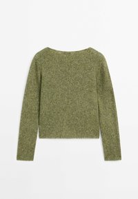 Green knitted sweater with a crew neckline, long sleeves, and a slightly cropped hem. Textured fabric with a subtle pattern variation.
