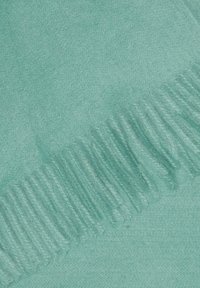 Turquoise zachte stof met franjes langs één rand, met een gladde textuur en subtiele glans, ideaal voor dekens of sjaals.