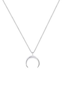Silberne Halskette mit einem gebogenen Mondsichel-Anhänger, der eine glatte, glänzende Oberfläche und eine feine Kette aufweist und so ein zartes Erscheinungsbild schafft.