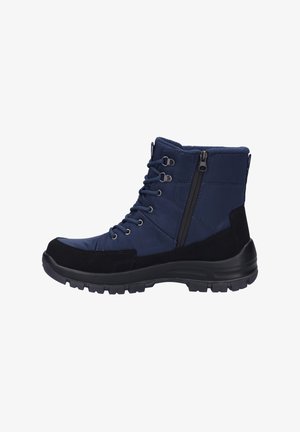 Botines azules y negros con parte superior texturizada, diseño con cordones y cremallera lateral. Cuentan con una suela exterior de goma resistente para una buena tracción.