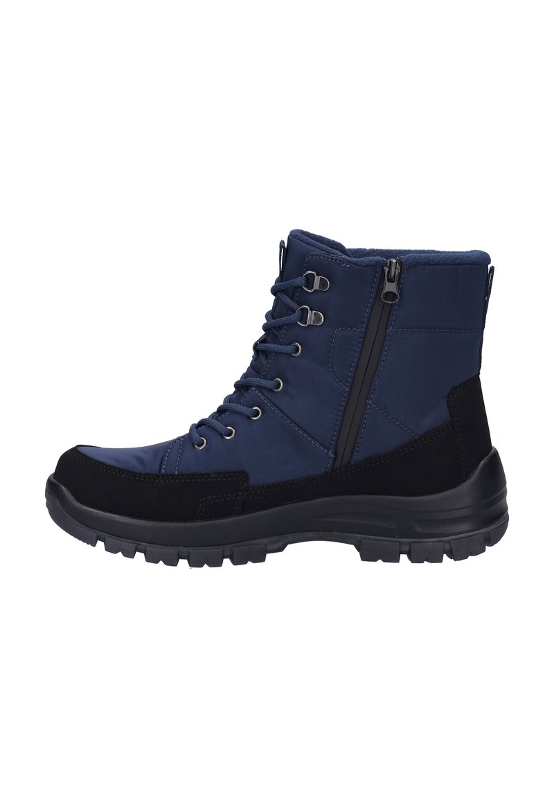 Botines azules y negros con parte superior texturizada, diseño con cordones y cremallera lateral. Cuentan con una suela exterior de goma resistente para una buena tracción.