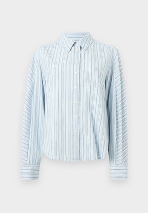 hele sinine nööpidega särk, millel on vertikaalsed peened tumesinised triibud ja pikad varrukad, terava krae ja nööbitavate mansettidega.