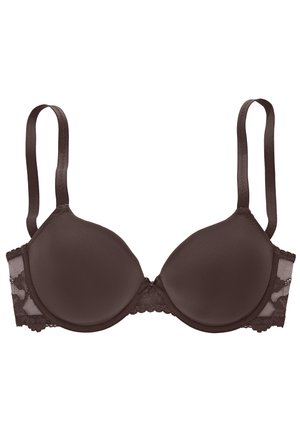 Reggiseno imbottito marrone con spalline regolabili e dettagli in pizzo sui lati e sotto le coppe, mostrato su sfondo bianco.