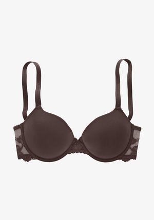 Brun polstret bh med justerbare stropper og blonde detaljer på siderne og under skålene, vist på hvid baggrund.