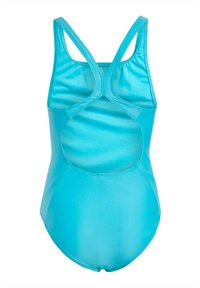 Maillot de bain une pièce turquoise avec une texture lisse et brillante, présentant des bretelles croisées dans le dos et un détail découpé.