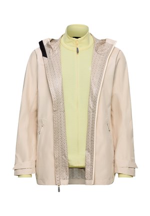 Beige waterdichte jas met een patroon aan de binnenkant, gedragen over een lichtgele fleece jas met rits en opstaande kraag.
