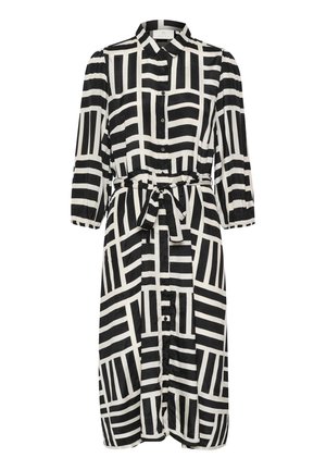 Robe-chemise à manches longues à motif géométrique noir et blanc avec boutons sur le devant et ceinture nouée à la taille